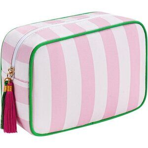 Large stripe canvas makeup bag tassel travel cosmetic toiletry storage bag pink